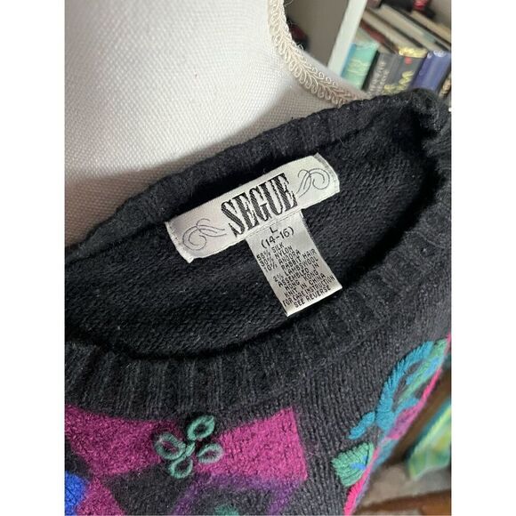 Segue Black Pink Pullover Knitted Mixed Print Lambswool Sweater Size Large - Picture 4 of 5